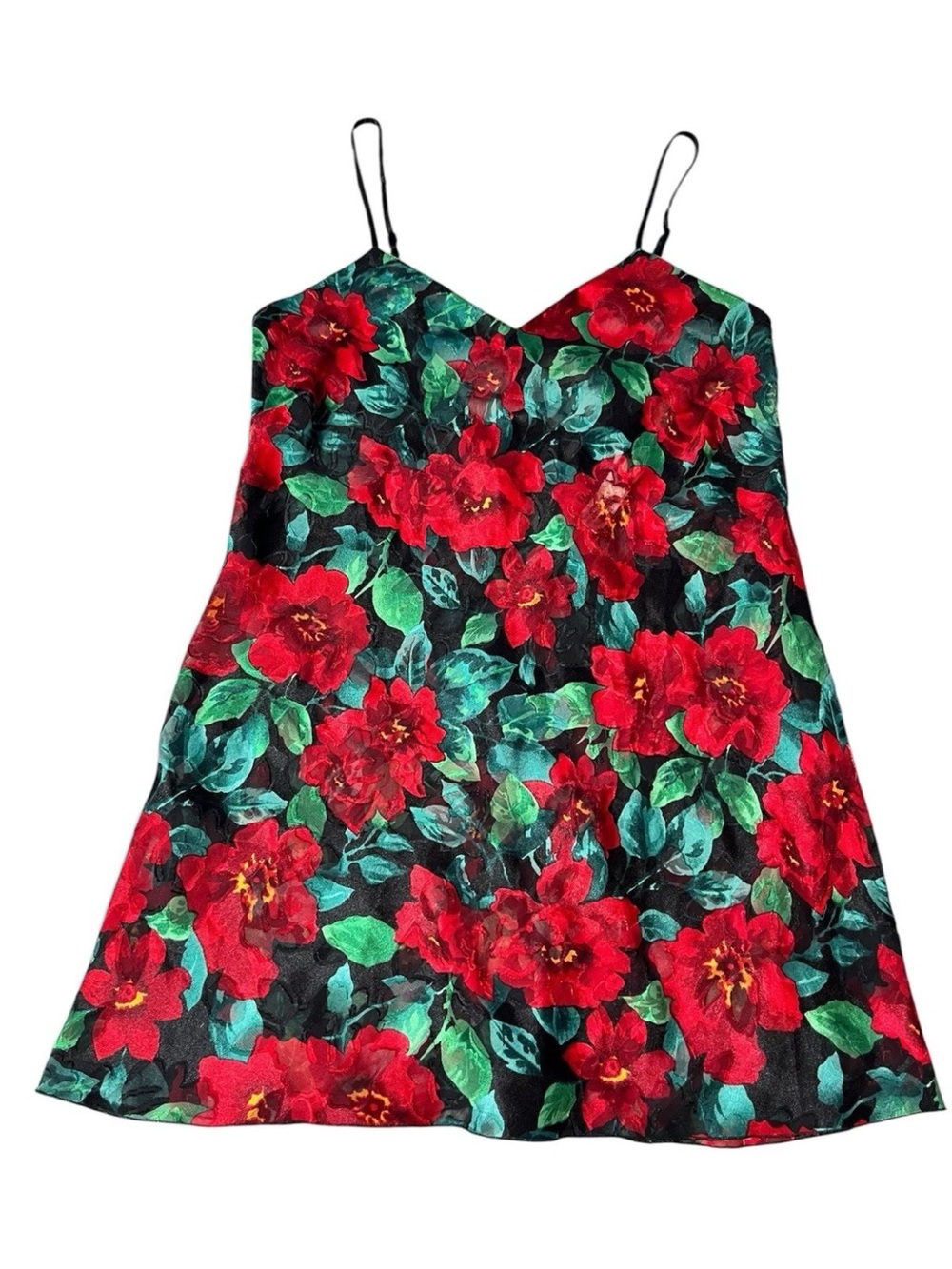 Vintage 90s Victorias Secret Red Black Green Floral Slip Dress